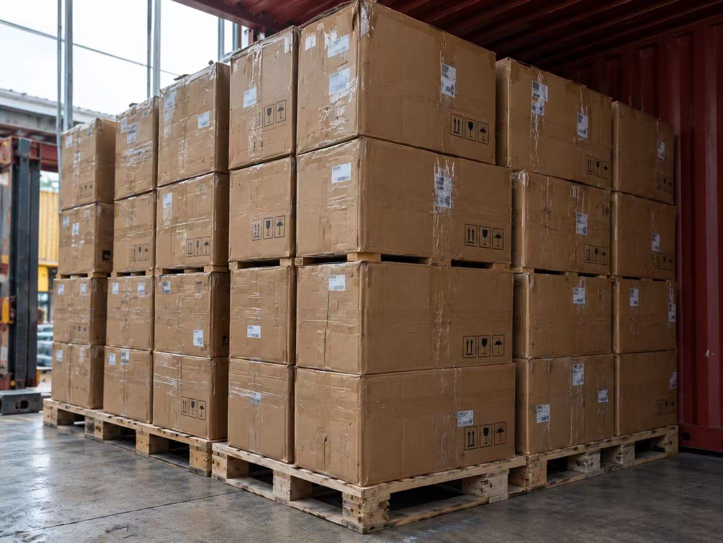 Packed cartons stacked on pallets beside a container