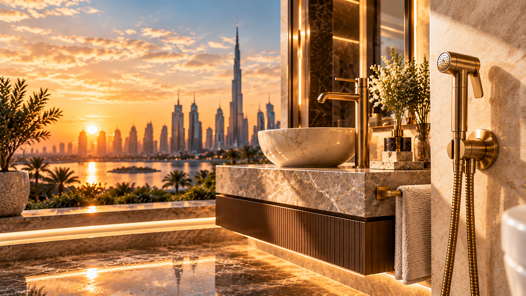 Gold bidet sprayer and basin mixer in a marble bathroom overlooking the Dubai skyline at sunset